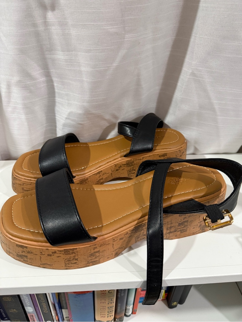 Women’s Black Platform Sandals with Tan Cork-Look Sole